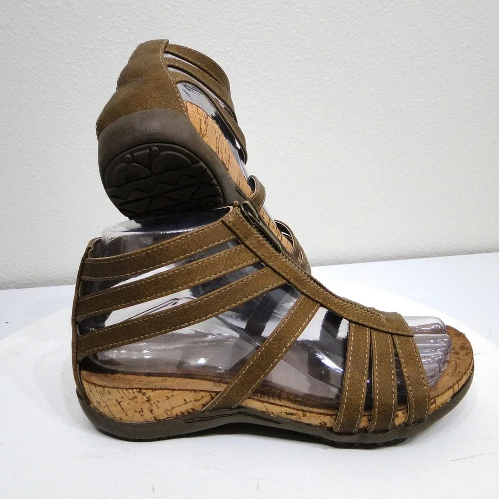 Bearpaw Womens Strappy Gladiator Cork Wedge Sandals Brown Front Zip 02996-00 6W